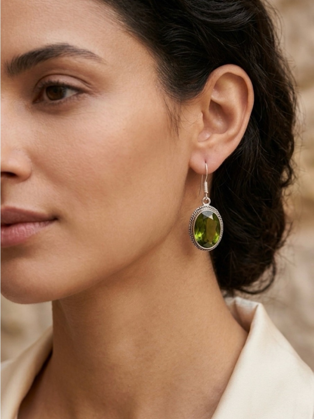 925 Sterling Silver Green Peridot Drop Earrings Boho Bali Style Faceted Stone